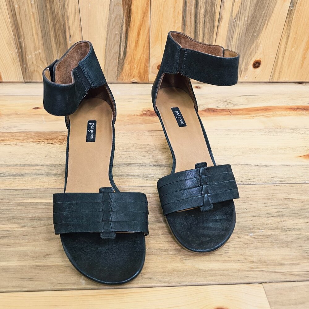 Paul Green Coco Matte Black Leather Heel Open Toe Sandal Size 9.5